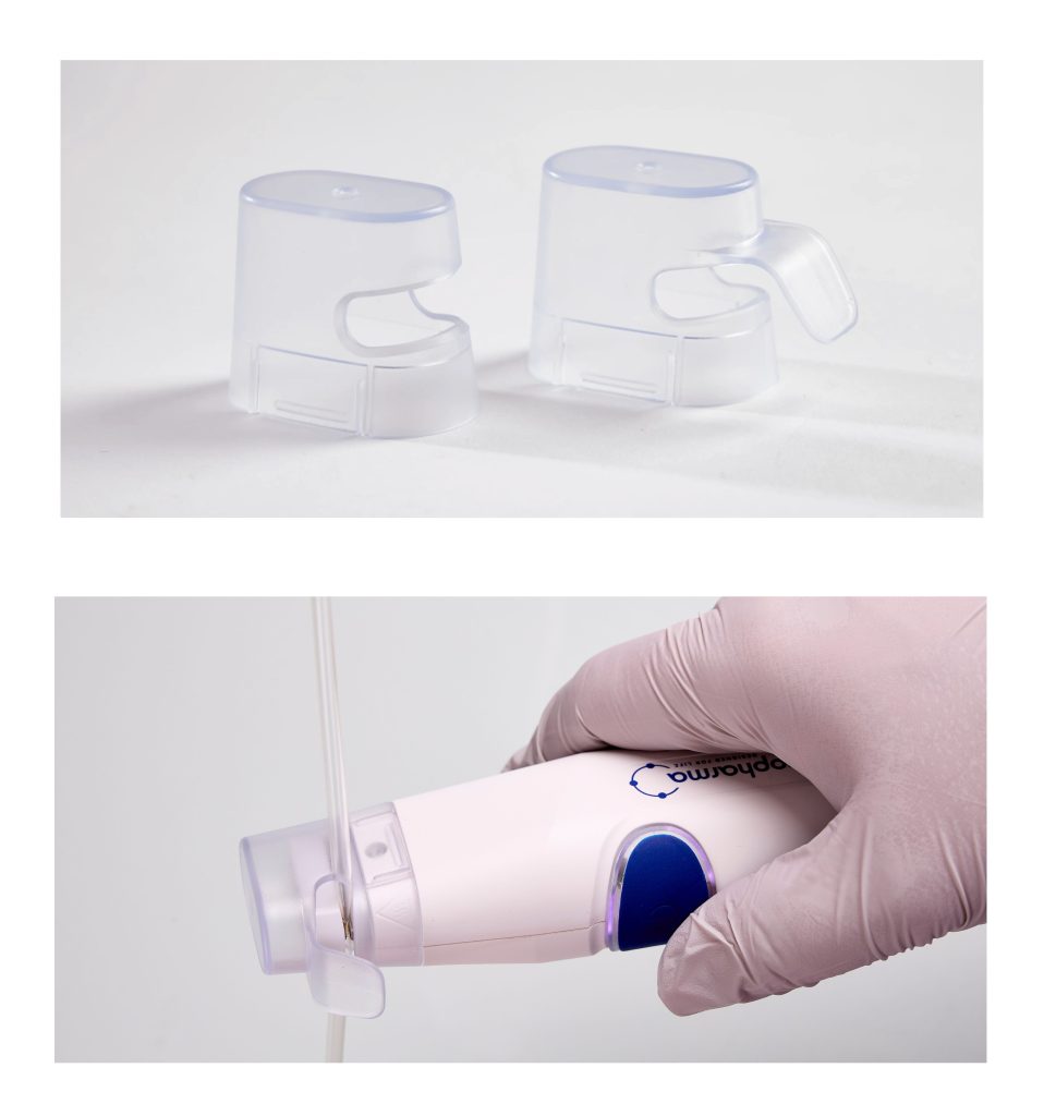 combination of two pictures, one showing the 2 heads of the machine and one showing a tubing being sealed by the machine